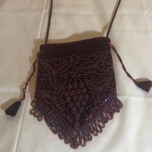 Vintage Burgundy Beaded Drawstring Bag | Elegant Evening Accessory